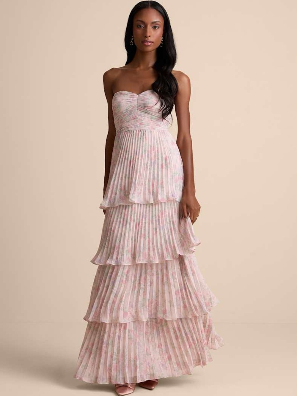 Lulu's Pink Floral Strapless Tiered Maxi Dress